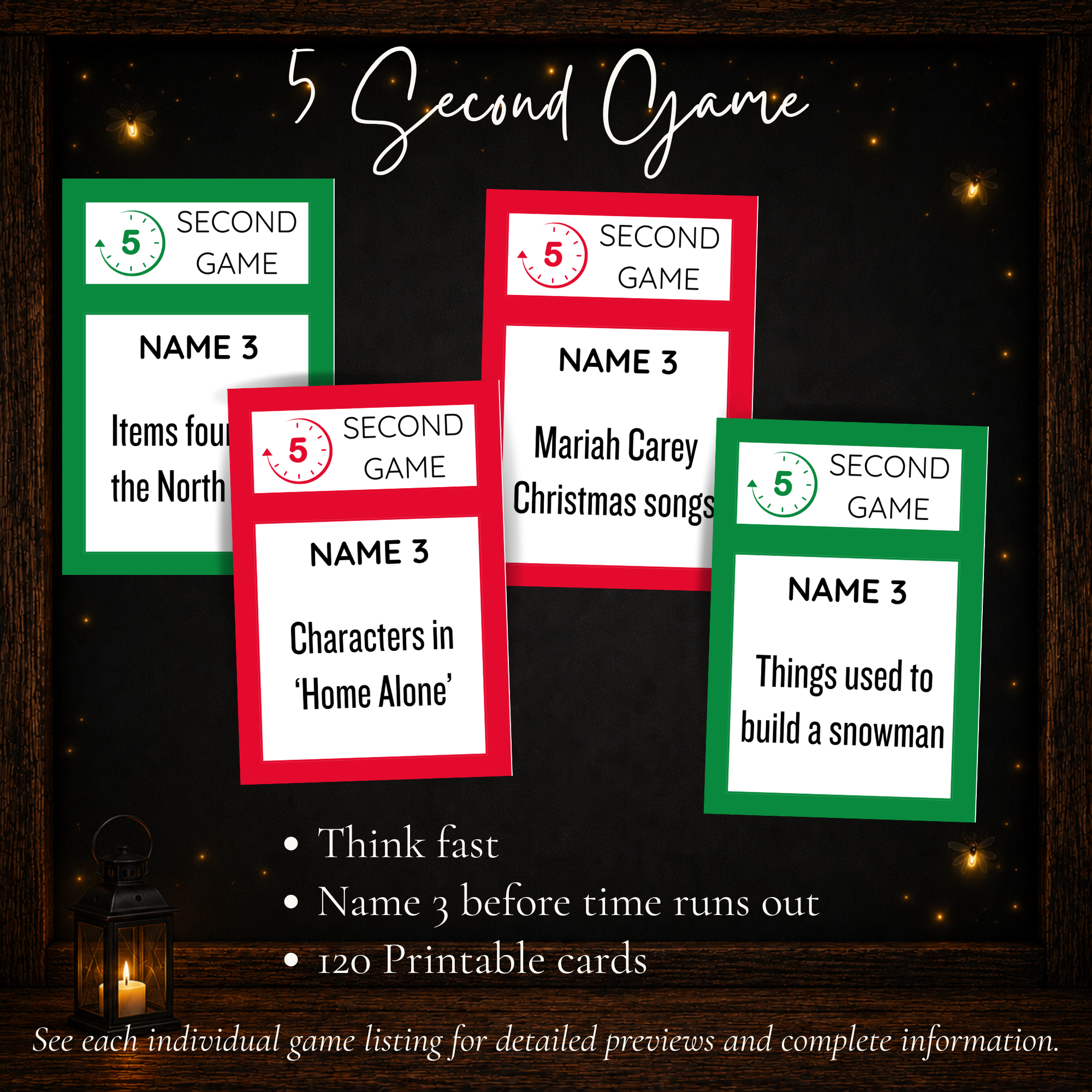 Christmas 5 Second Game with 120 printable cards for a fast-paced name three holiday party challenge