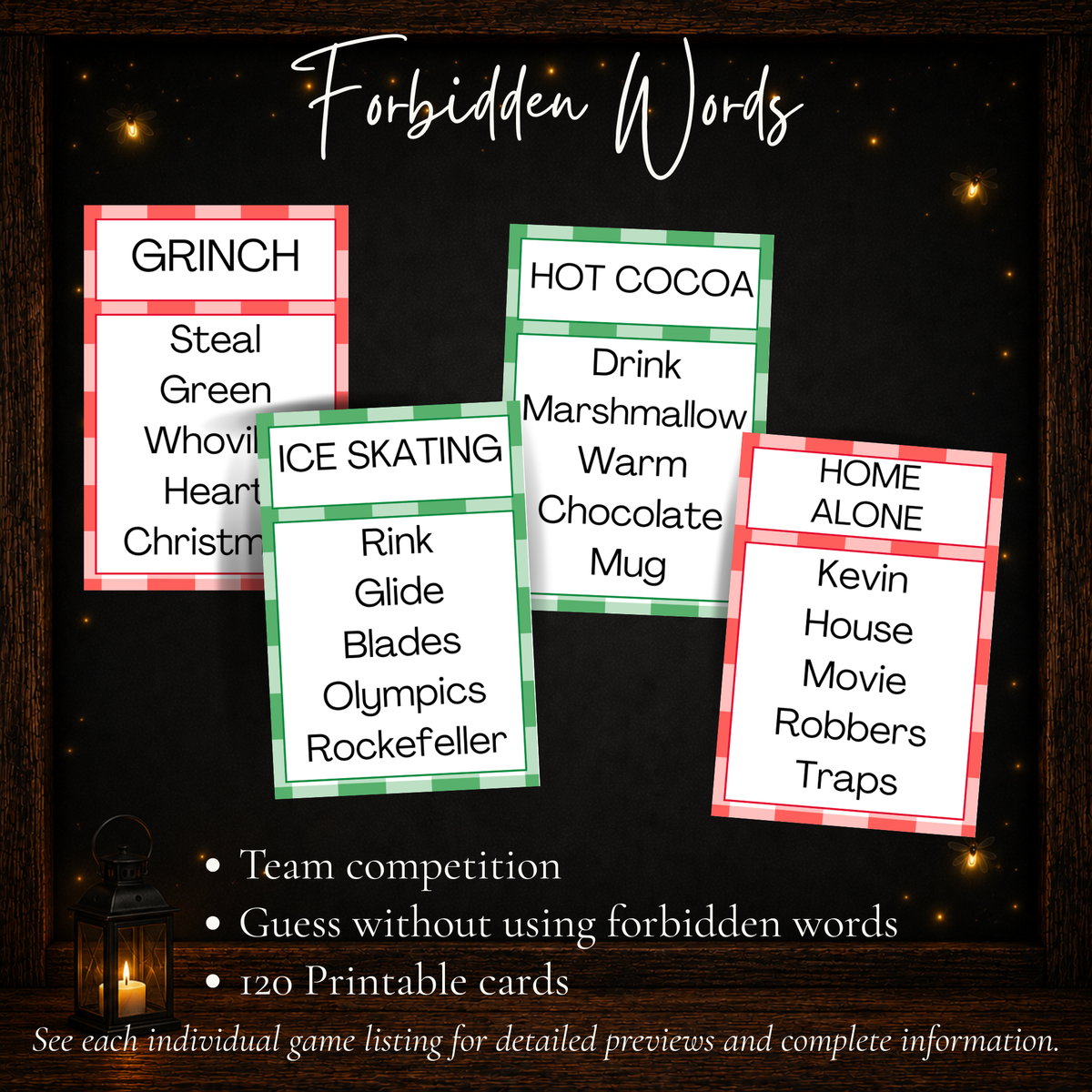 Christmas Forbidden Words team guessing game with 120 printable holiday word cards