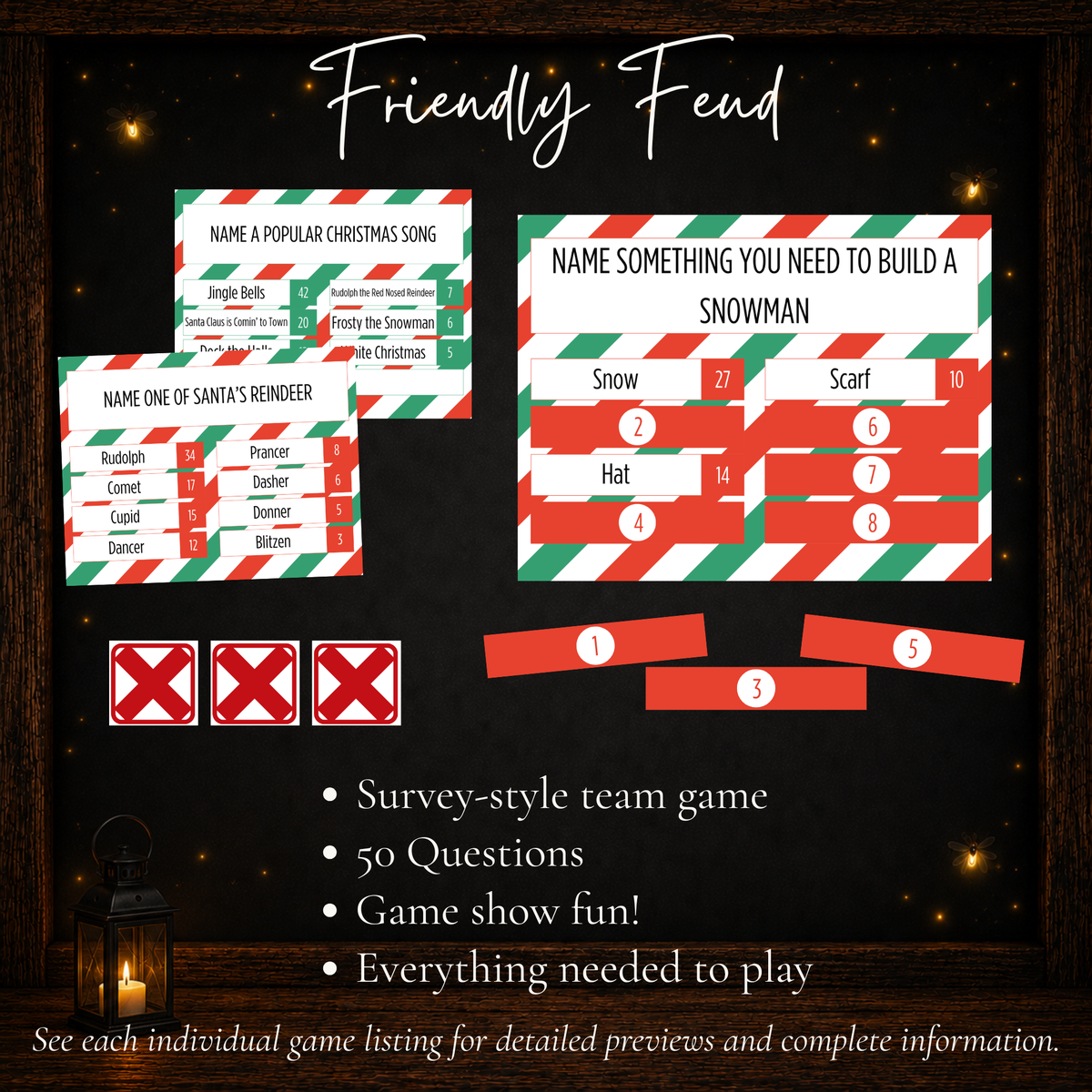 Christmas Friendly Feud printable survey-style team game with 50 Christmas questions and everything needed to play