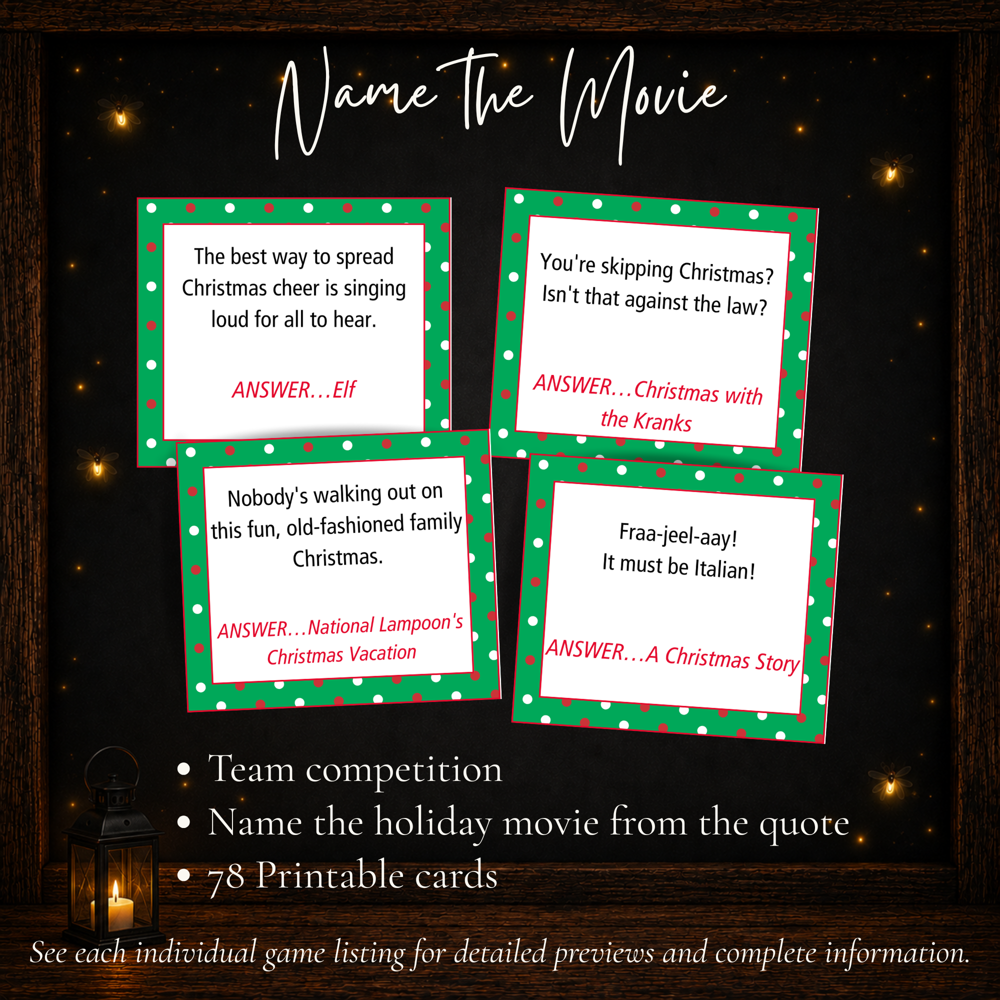 Christmas Name the Movie team game with 78 printable Christmas and holiday movie quote cards
