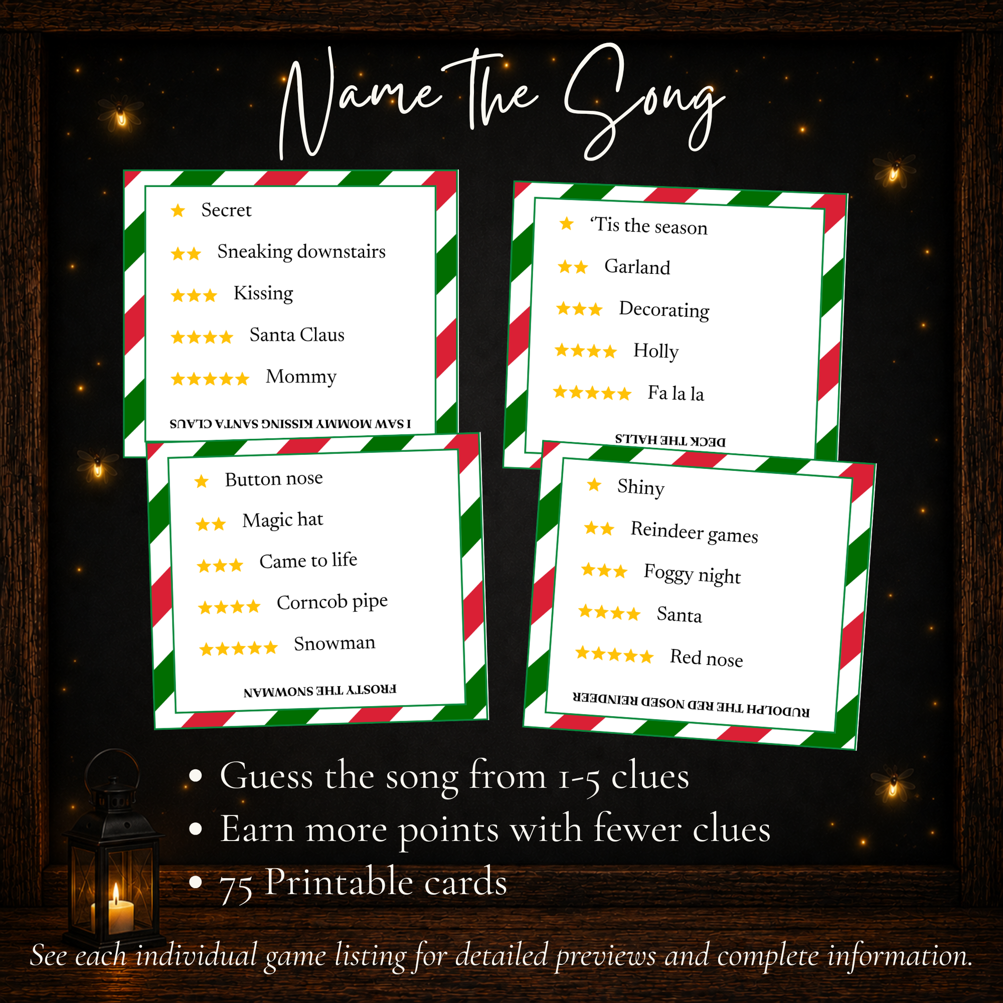 Christmas Name the Song challenge with 75 printable cards and one to five clues for guessing holiday songs
