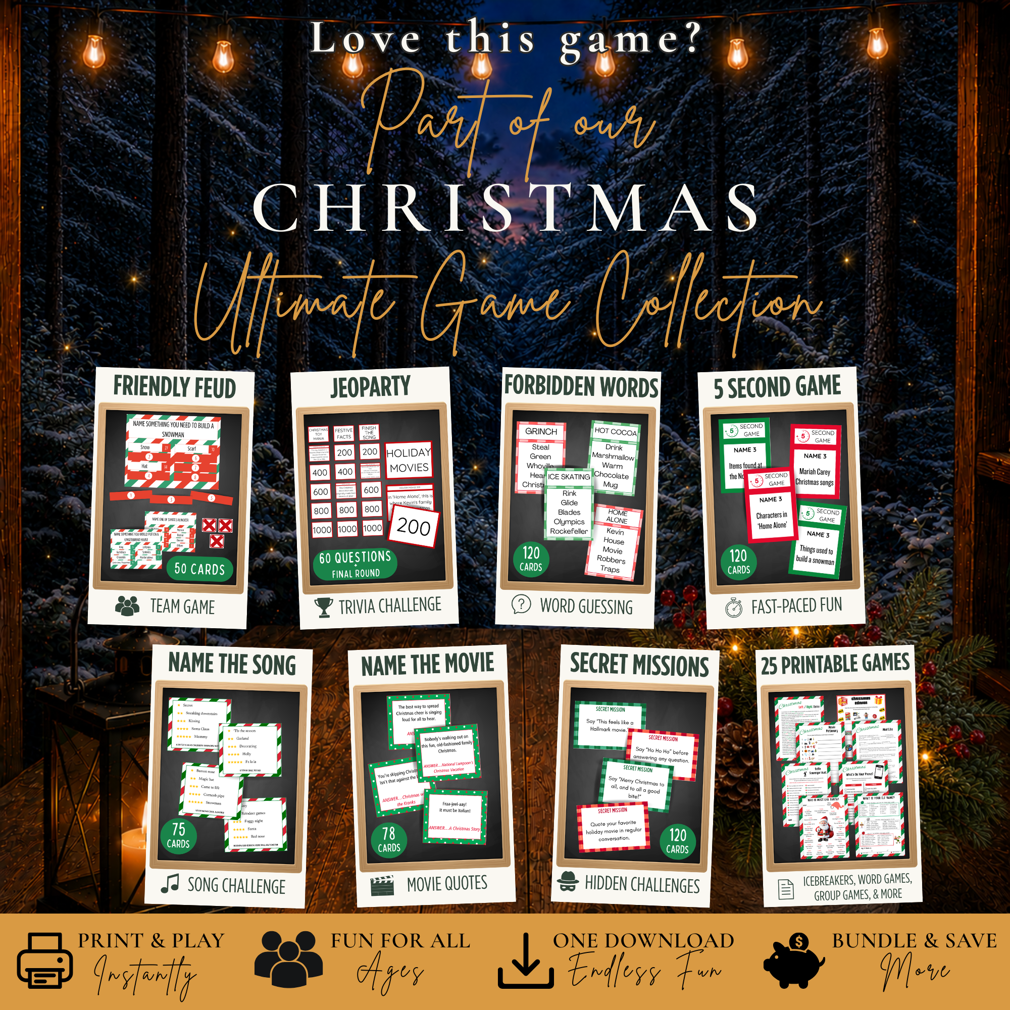 Christmas Ultimate Game Collection featuring printable Christmas party games, card games and 25 printable holiday games