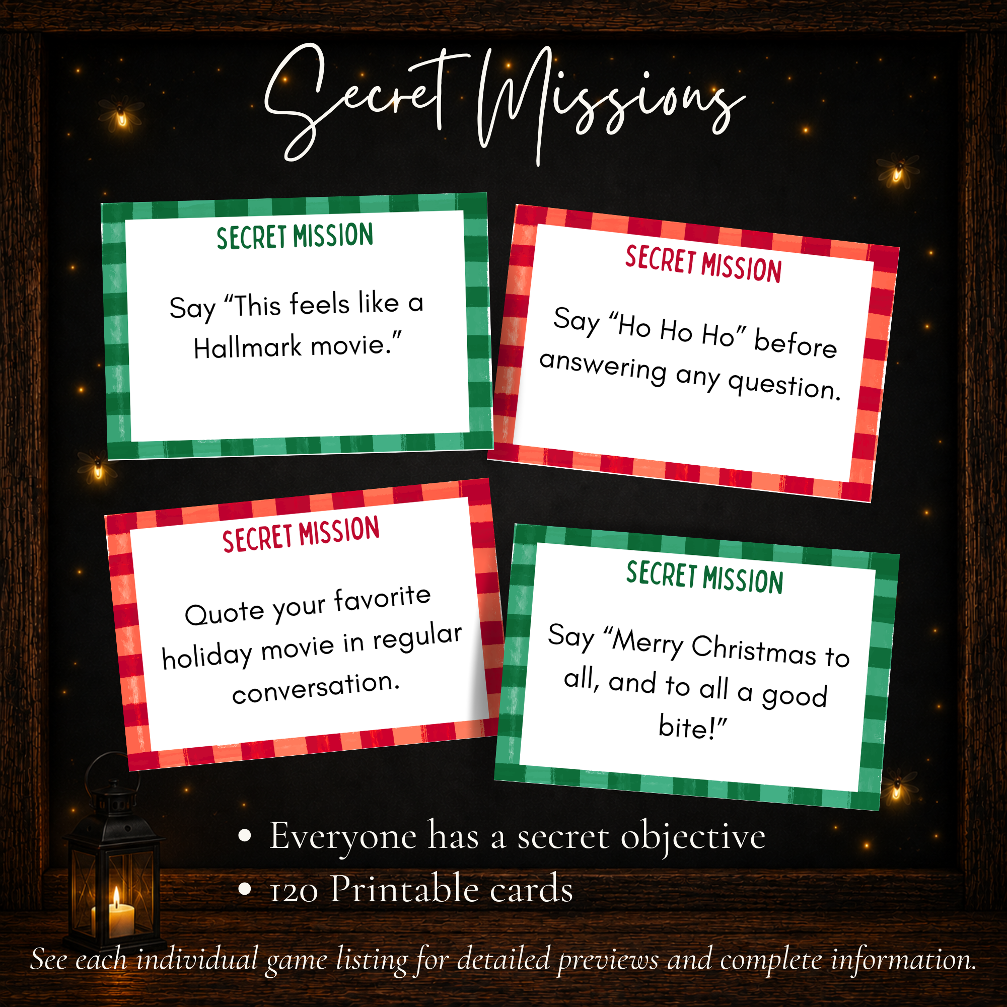 Christmas Secret Missions party game with 120 printable hidden challenge cards for holiday gatherings