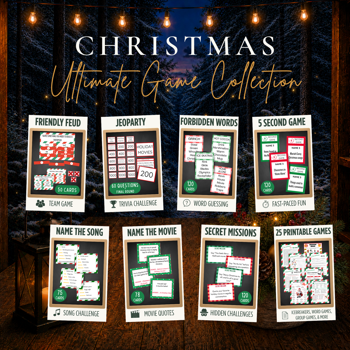 Christmas Ultimate Game Collection with Friendly Feud, Jeoparty, Forbidden Words, 5 Second Game, Name the Song, Name the Movie, Secret Missions and 25 printable Christmas games