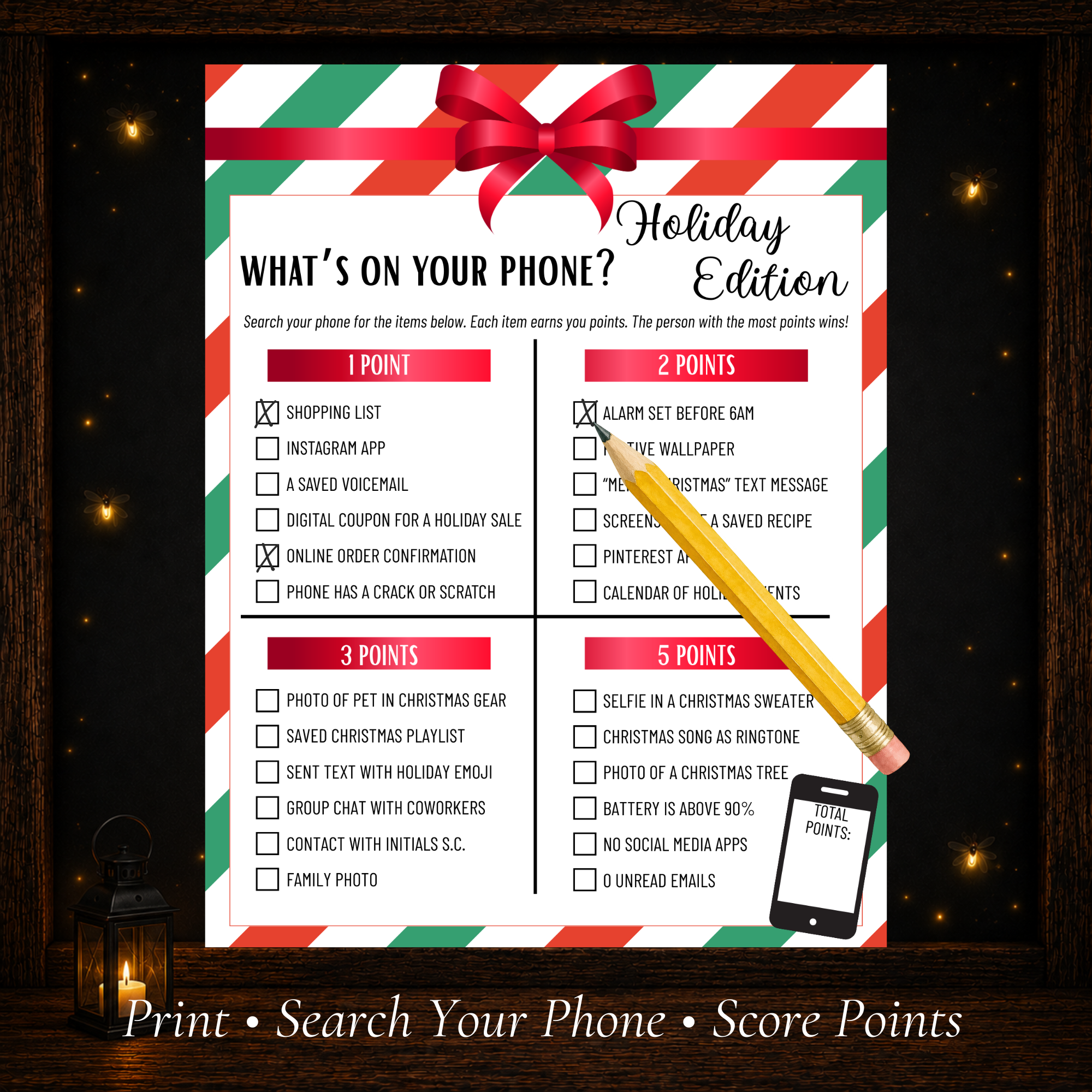 Printable Christmas What’s On Your Phone game with holiday phone search prompts and point values