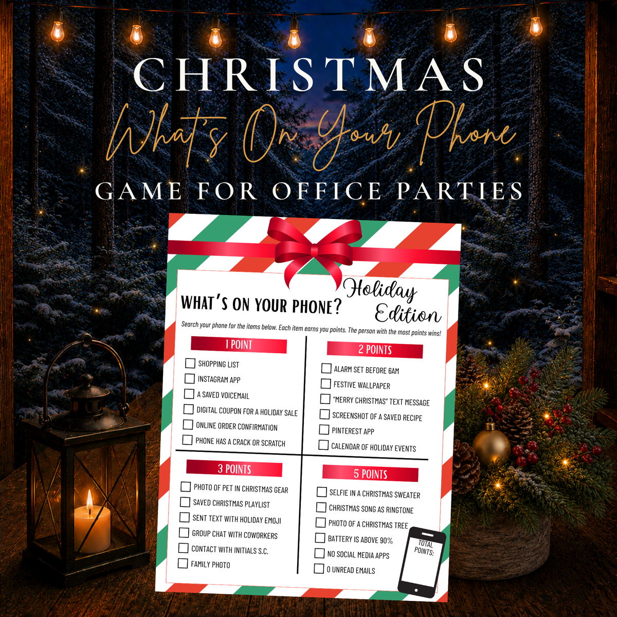 Christmas What’s On Your Phone printable game for office holiday parties and coworkers
