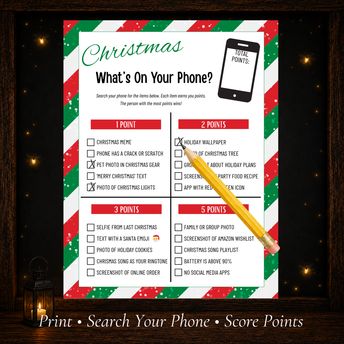 Printable Christmas What’s On Your Phone game with 1, 2, 3 and 5 point holiday challenges