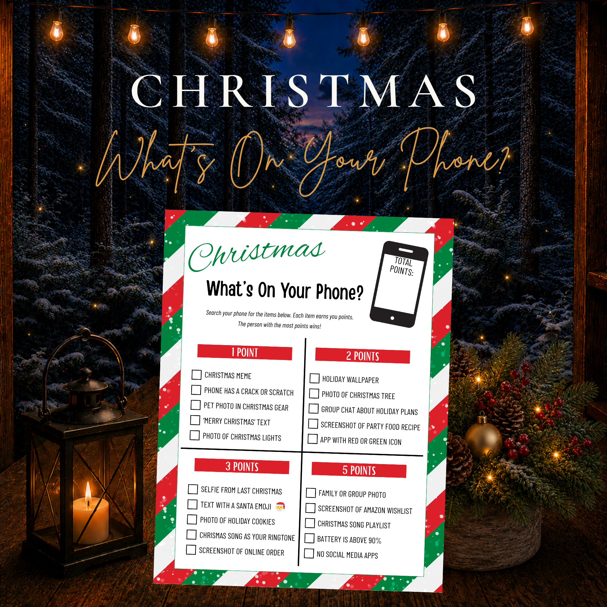 Christmas What’s On Your Phone printable party game with festive phone search challenges