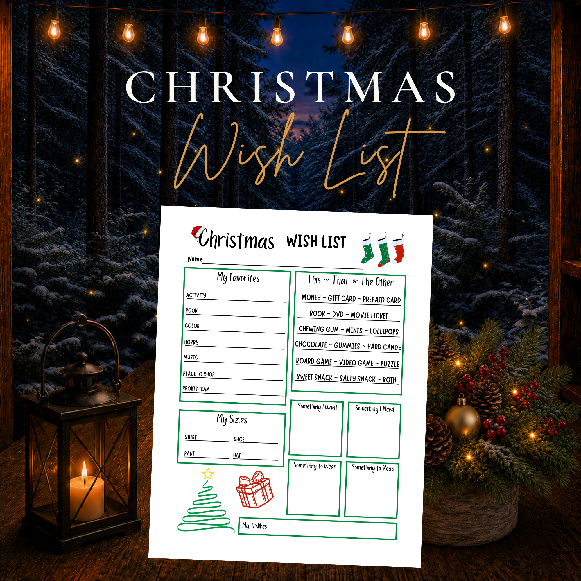 Christmas Wish List printable gift questionnaire for kids teens and adults with favorites sizes and holiday gift ideas