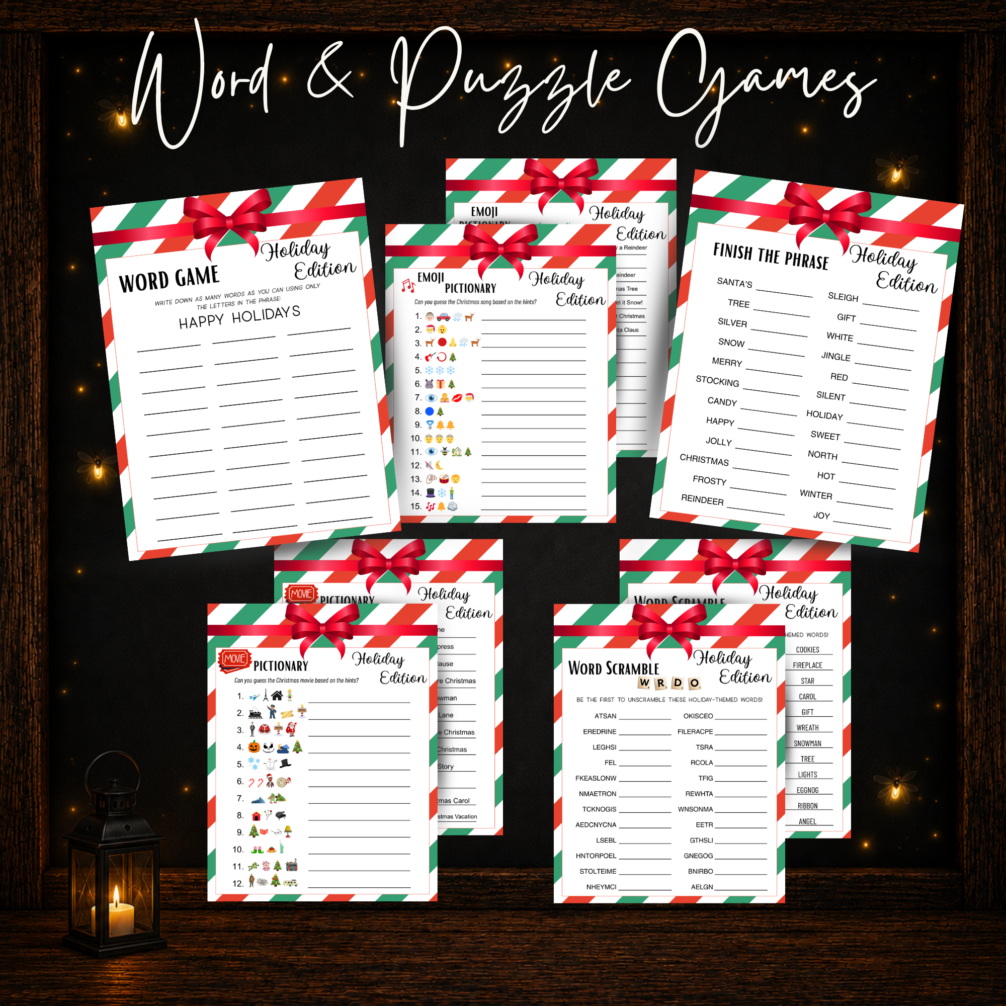 Printable Christmas word and puzzle games including Word Scramble, Movie Pictionary, Emoji Pictionary and Finish the Phrase