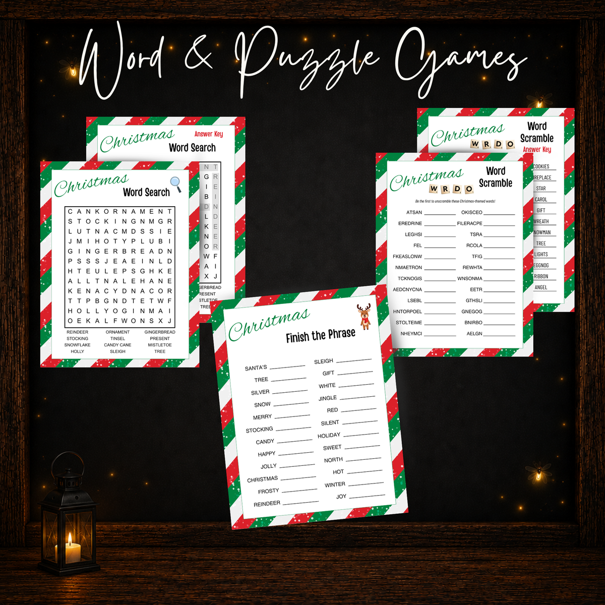 Printable Christmas word and puzzle games including Word Search, Word Scramble and Finish the Phrase