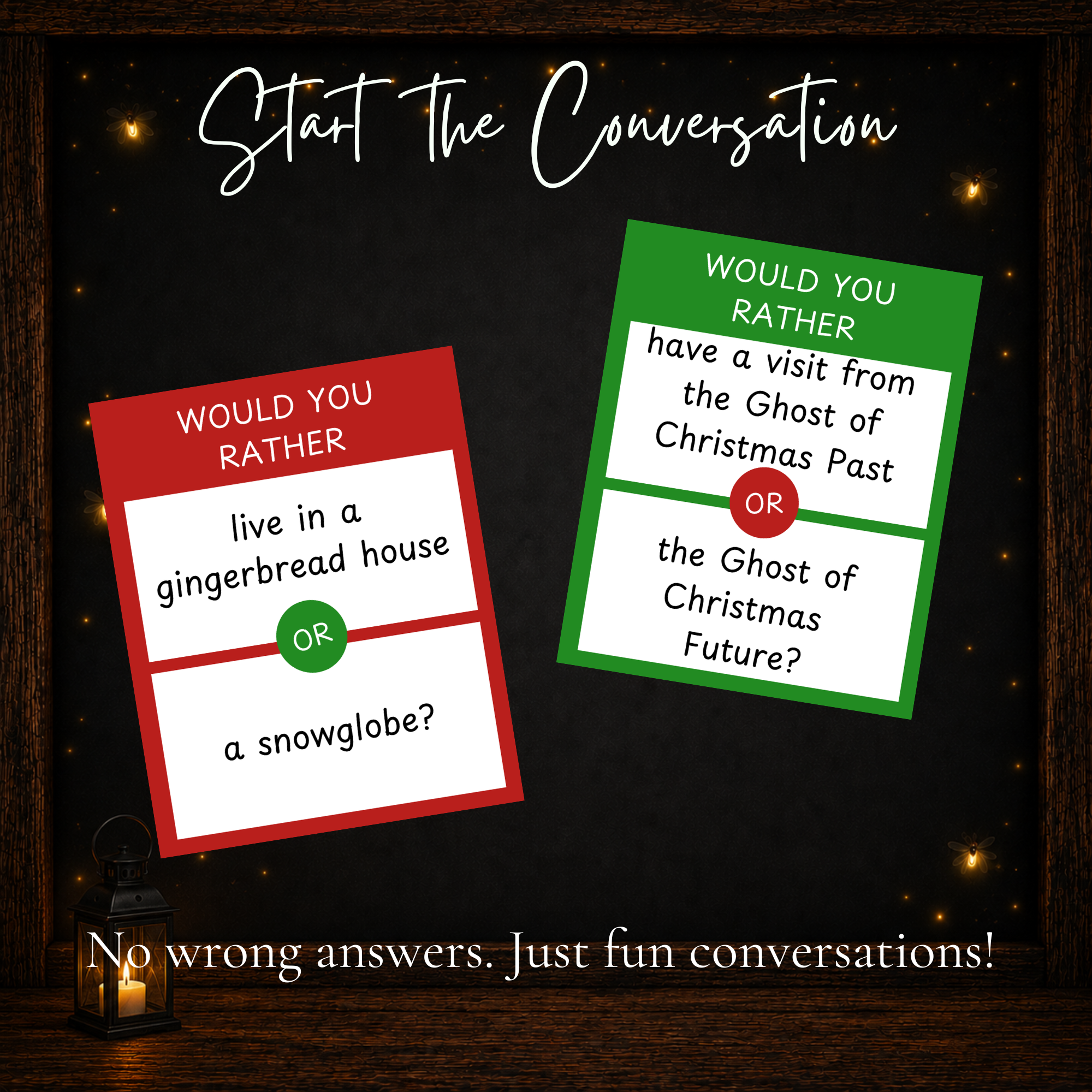 Christmas Would You Rather conversation cards with funny holiday choices for family and party play