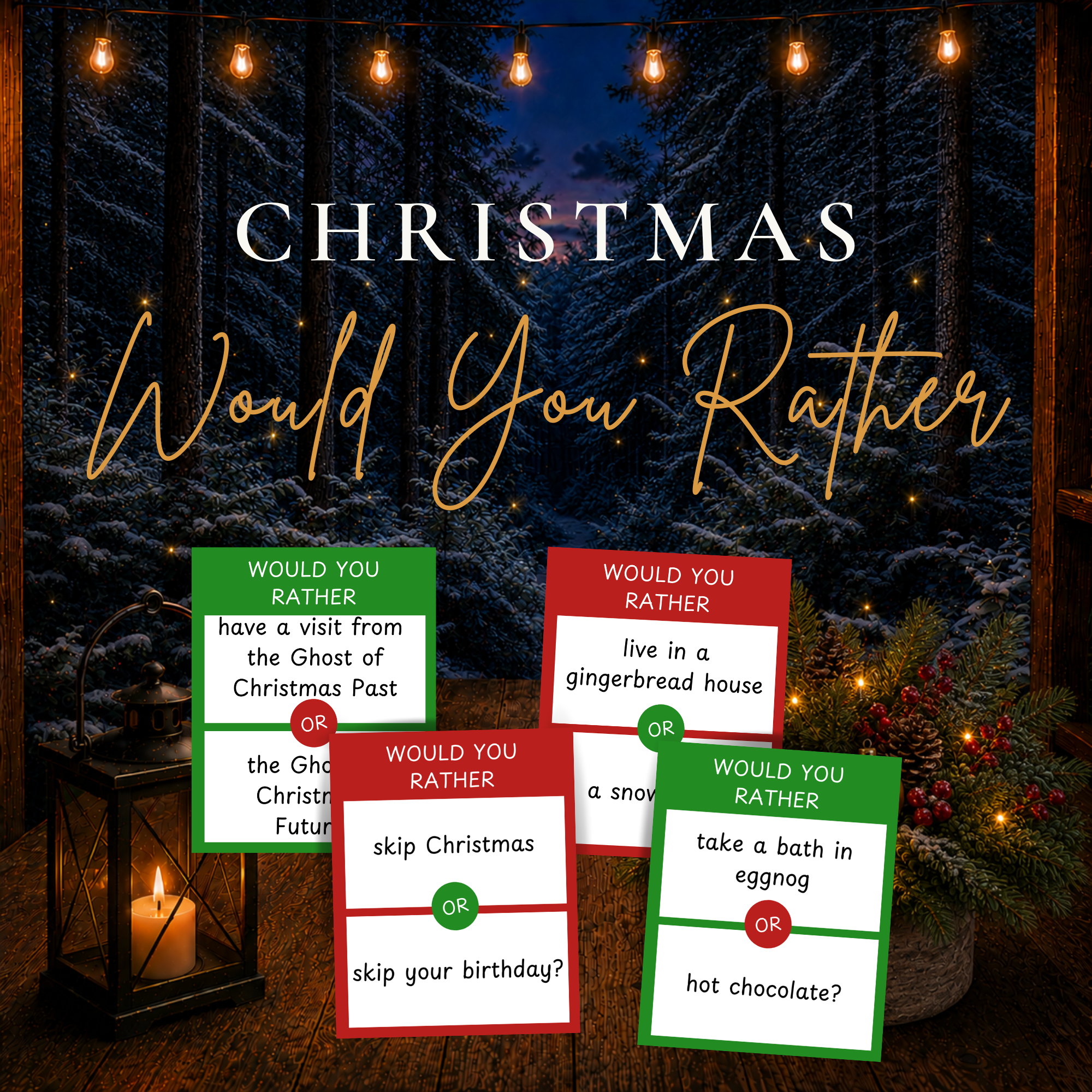 Christmas Would You Rather printable game with festive red and green holiday question cards