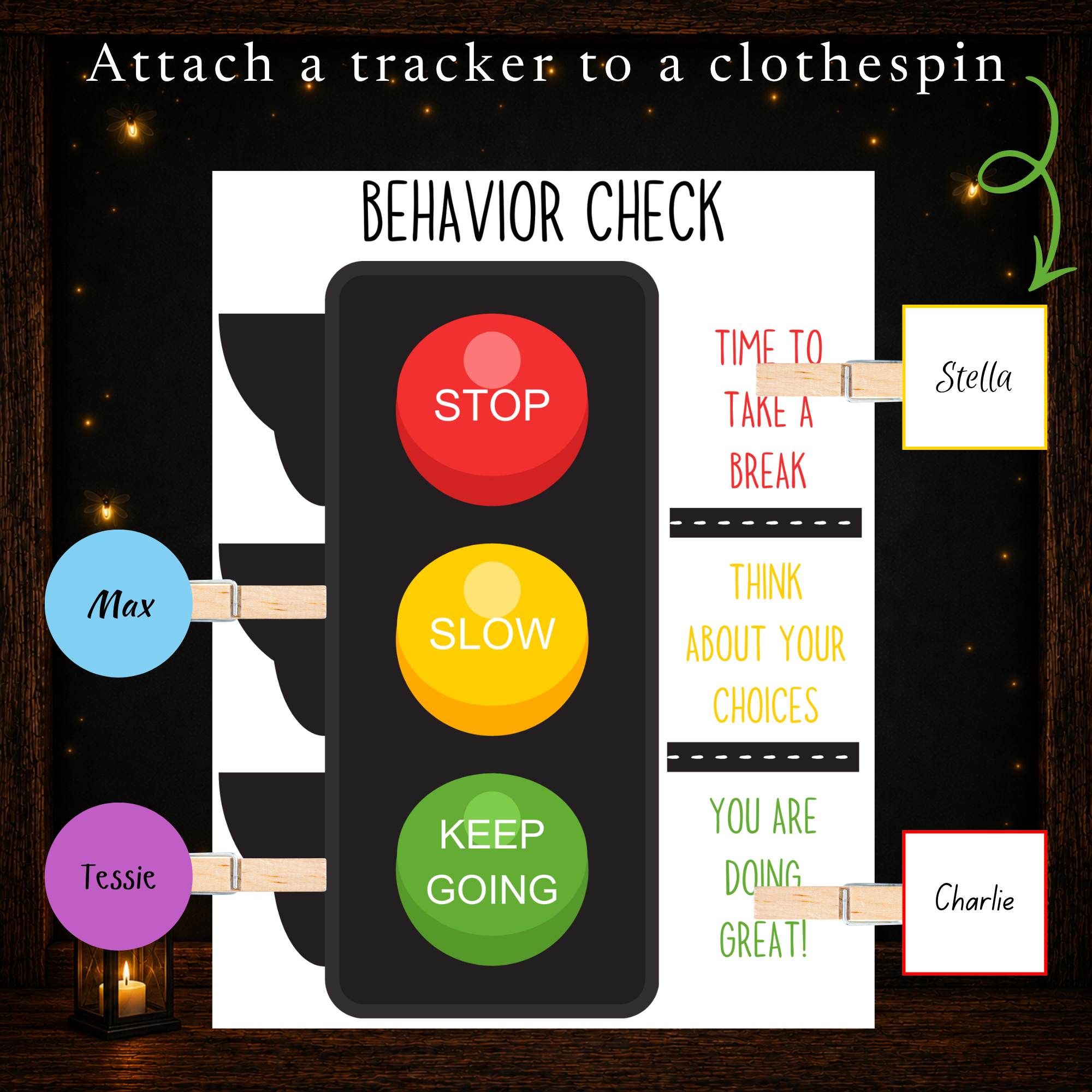Printable kids behavior chart with personalized clothespin trackers in multiple colors