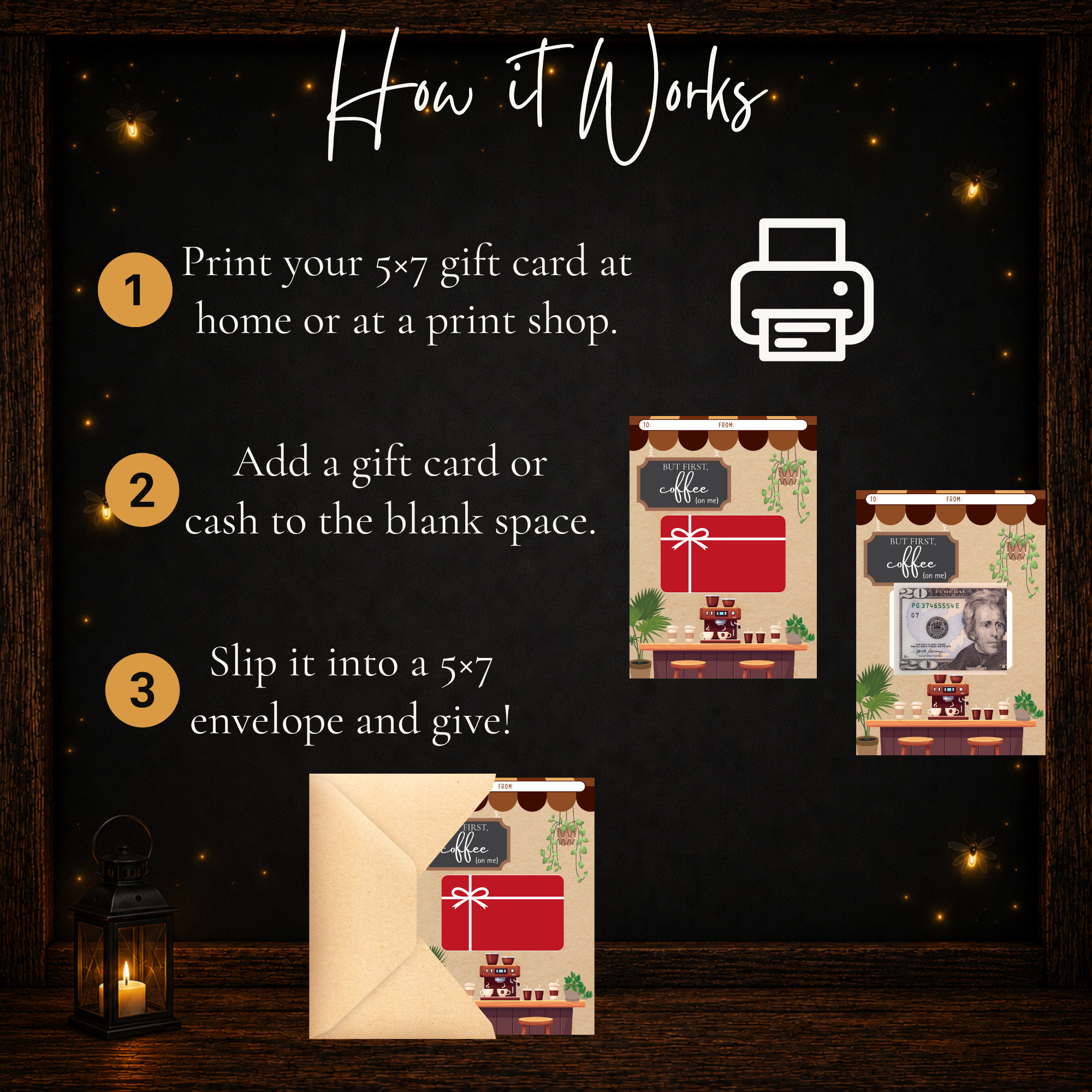 How to use printable coffee gift card holder by printing the 5x7 card, adding a gift card or cash, and placing it in an envelope.