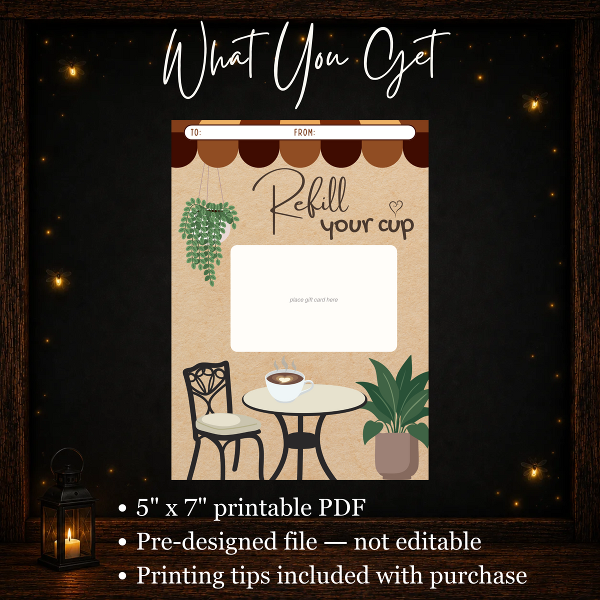 5x7 printable Refill Your Cup coffee gift card holder PDF with blank space for attaching a gift card