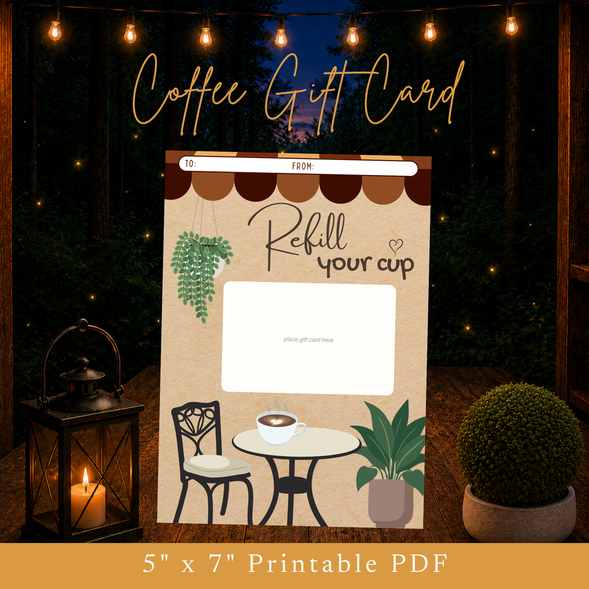 Refill Your Cup printable coffee gift card holder with cozy café design and blank space for adding a gift card or cash