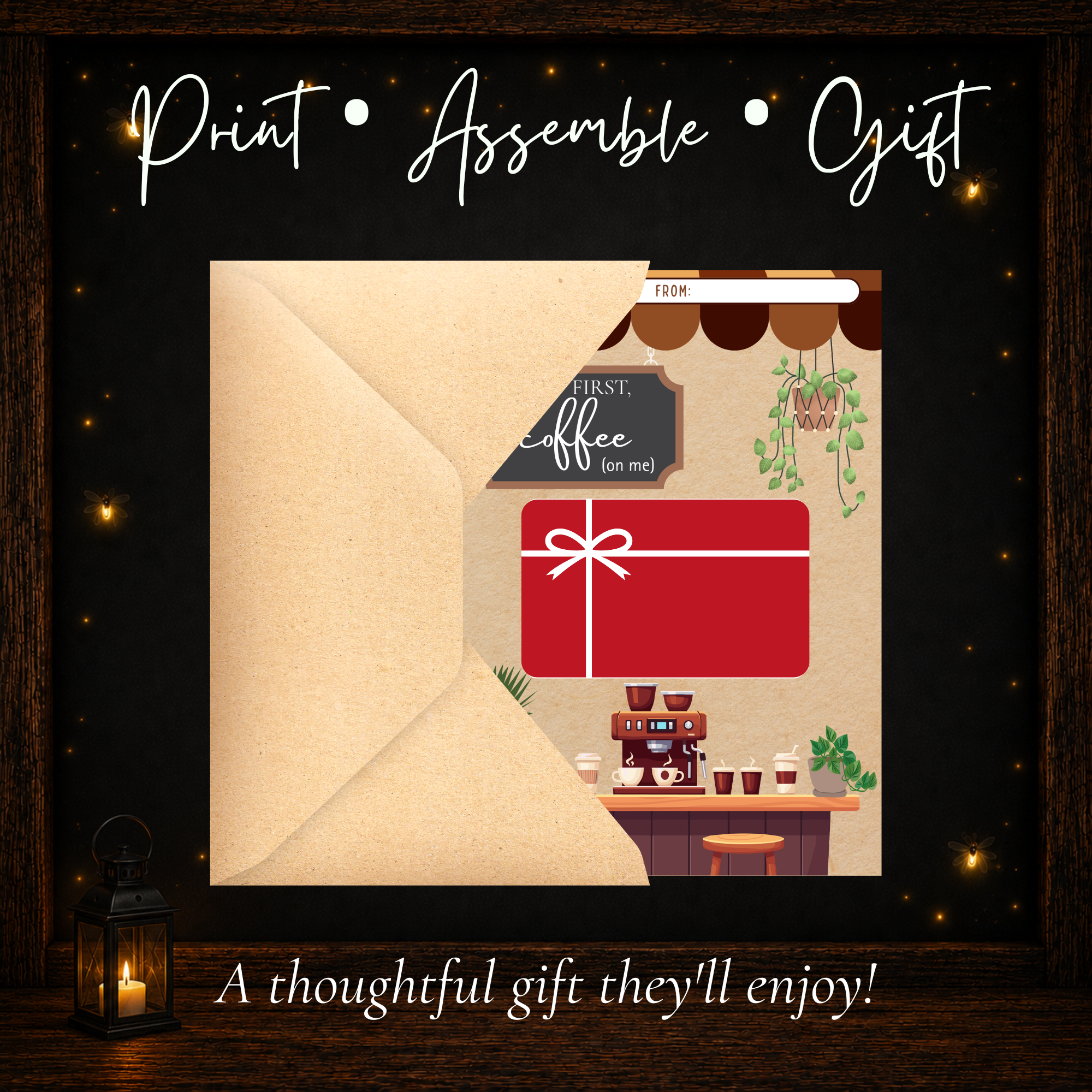 Coffee lover printable gift card holder displayed with a gift card and 5x7 envelope for an easy thoughtful coffee-themed gift.