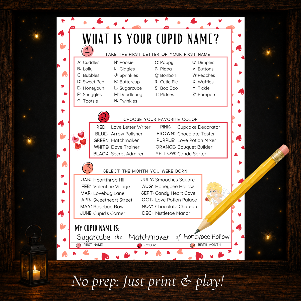 What Is Your Cupid Name printable Valentine activity with sample Cupid name