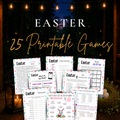 Easter 25 printable games bundle featuring colorful Easter-themed party games for families, kids, adults, and church gatherings.