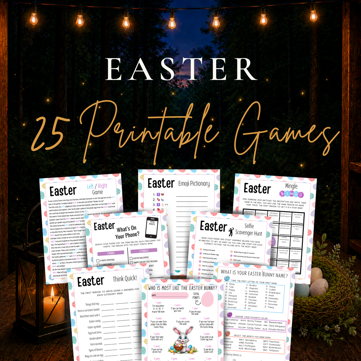 Easter 25 printable games bundle featuring colorful Easter-themed party games for families, kids, adults, and church gatherings.