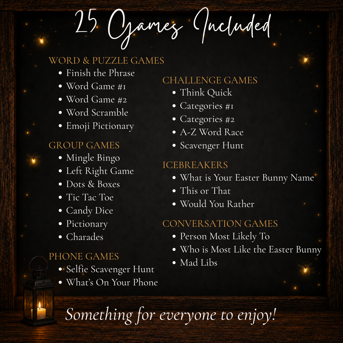 Complete list of 25 printable Easter games including word puzzles, group games, phone games, challenges, icebreakers, and conversation games.