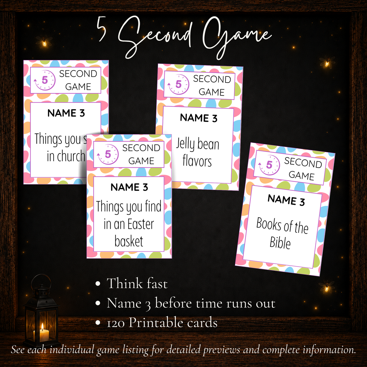 Easter 5 Second Game with 120 printable cards featuring fast-paced name three challenges and Easter-themed prompts