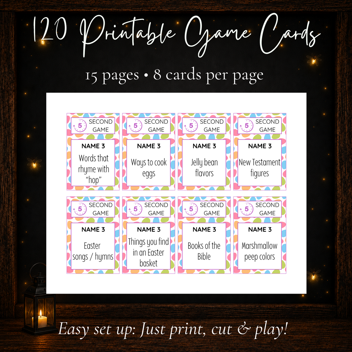 Printable Easter 5 Second Game with 120 cards across 15 pages, showing eight colorful Easter and spring-themed prompts per page.
