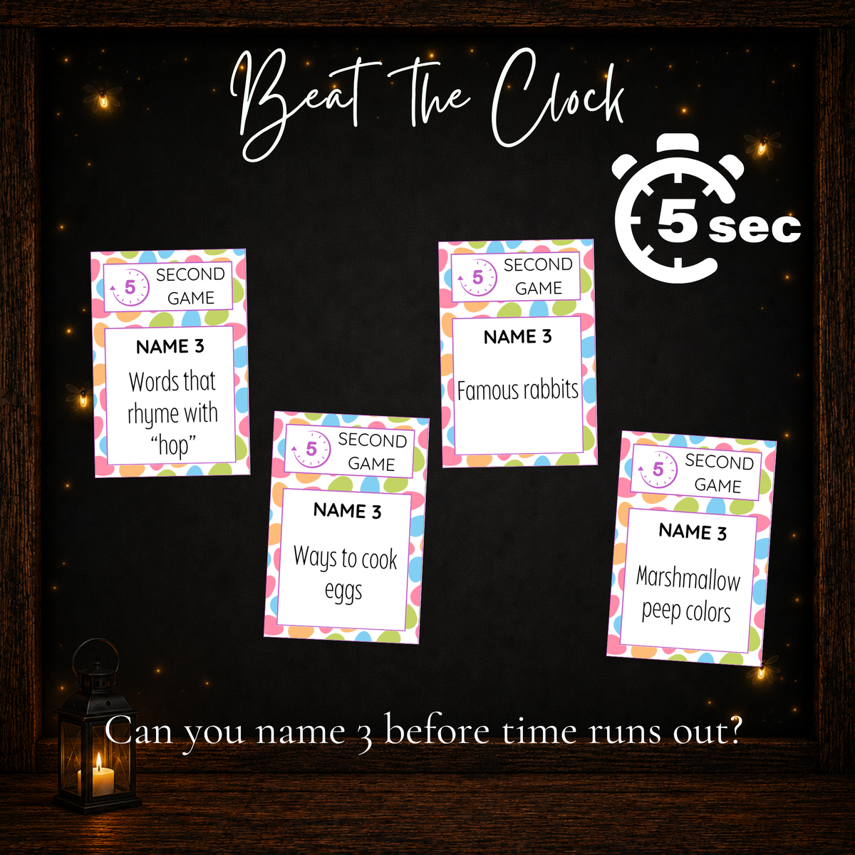 Easter 5 Second Game cards displaying prompts about famous rabbits, cooking eggs, rhyming words, and marshmallow Peeps beside a five-second stopwatch graphic.