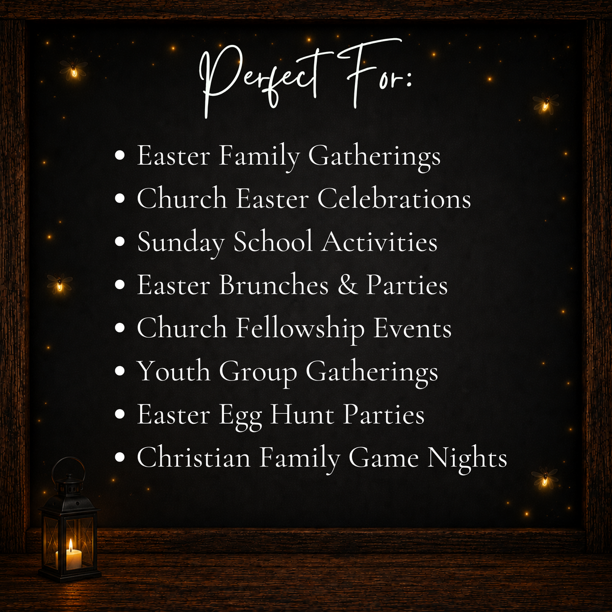 Easter 5 Second Game suggested occasions including family gatherings, church Easter celebrations, Sunday school activities, Easter brunches, youth groups, and Christian game nights.