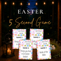Easter 5 Second Game printable featuring colorful pastel game cards with quick-thinking prompts about Easter baskets, jelly beans, and books of the Bible.