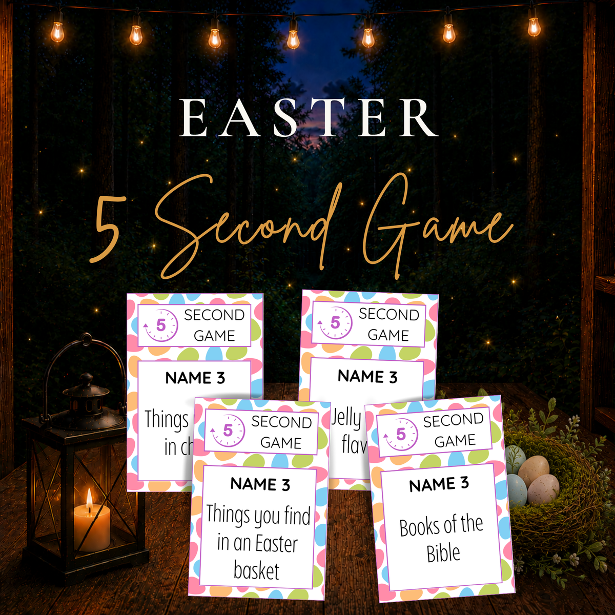 Easter 5 Second Game printable featuring colorful pastel game cards with quick-thinking prompts about Easter baskets, jelly beans, and books of the Bible.
