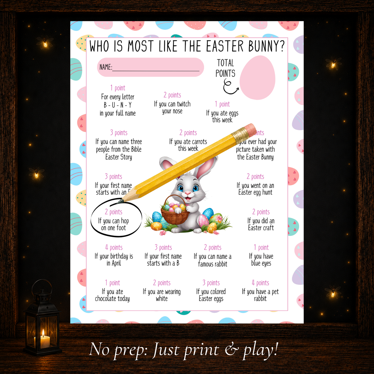 Close-up of Who Is Most Like the Easter Bunny printable game with Easter-themed descriptions, point values, and bunny illustration