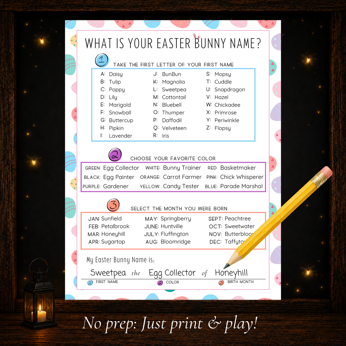 Easter Bunny Name printable game preview showing alphabet names, favorite color titles and birth month endings