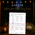 What Is Your Easter Bunny Name printable Easter party game featuring a colorful bunny name generator worksheet