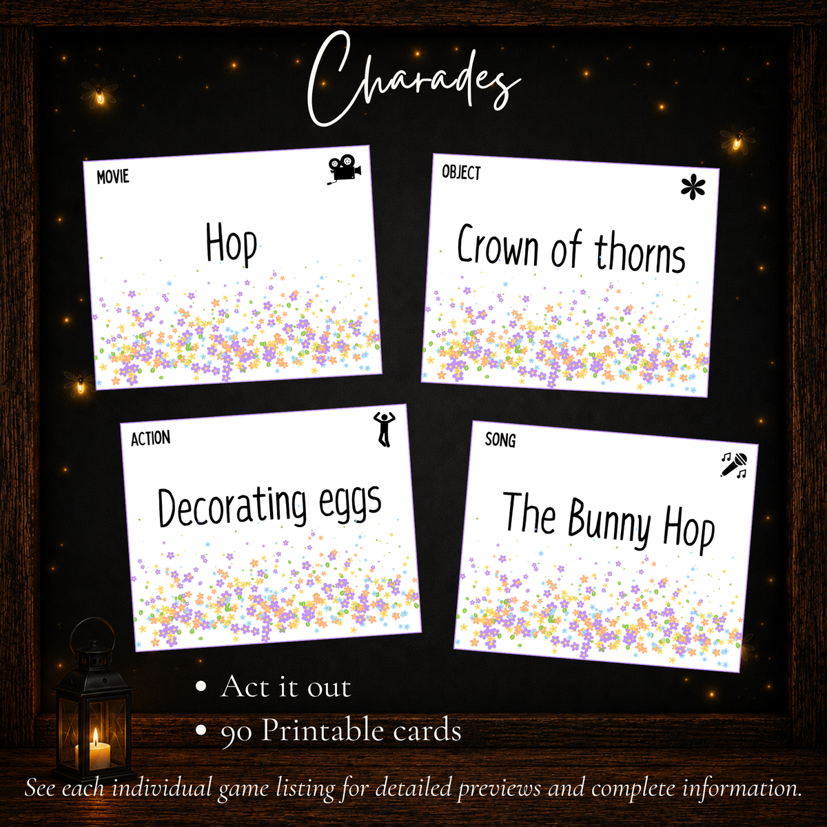 Easter Charades printable party game with 90 acting cards featuring movies, songs, objects and actions