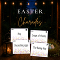 Easter Charades printable game featuring colorful floral cards with clues including Hop, Crown of Thorns, Decorating Eggs, and The Bunny Hop against a glowing woodland background.