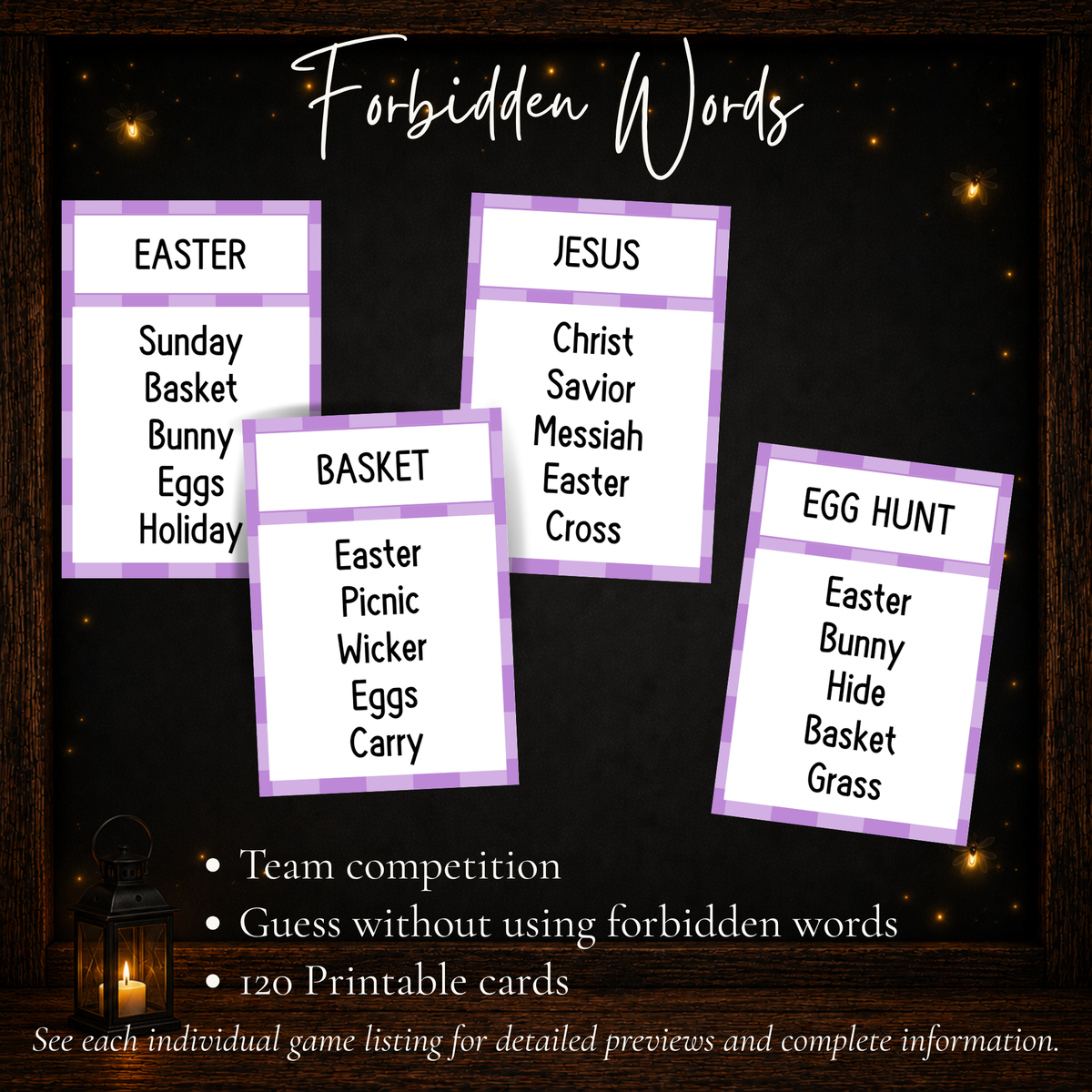 Easter Forbidden Words team guessing game with 120 printable cards and five forbidden words per card