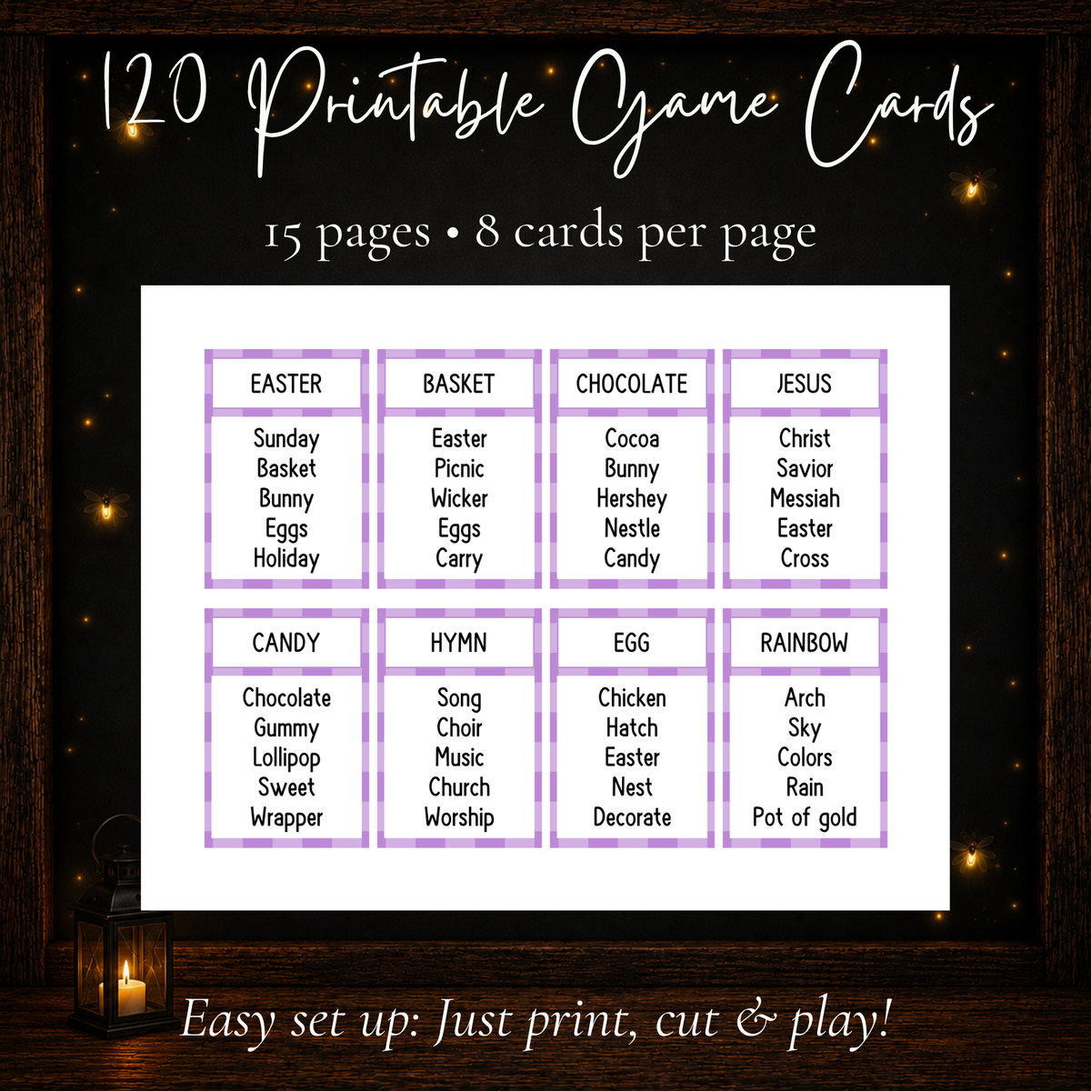 Easter Forbidden Words printable game showing 120 cards across 15 pages with eight cards per page, featuring Easter, spring, candy, and Christian-themed words.
