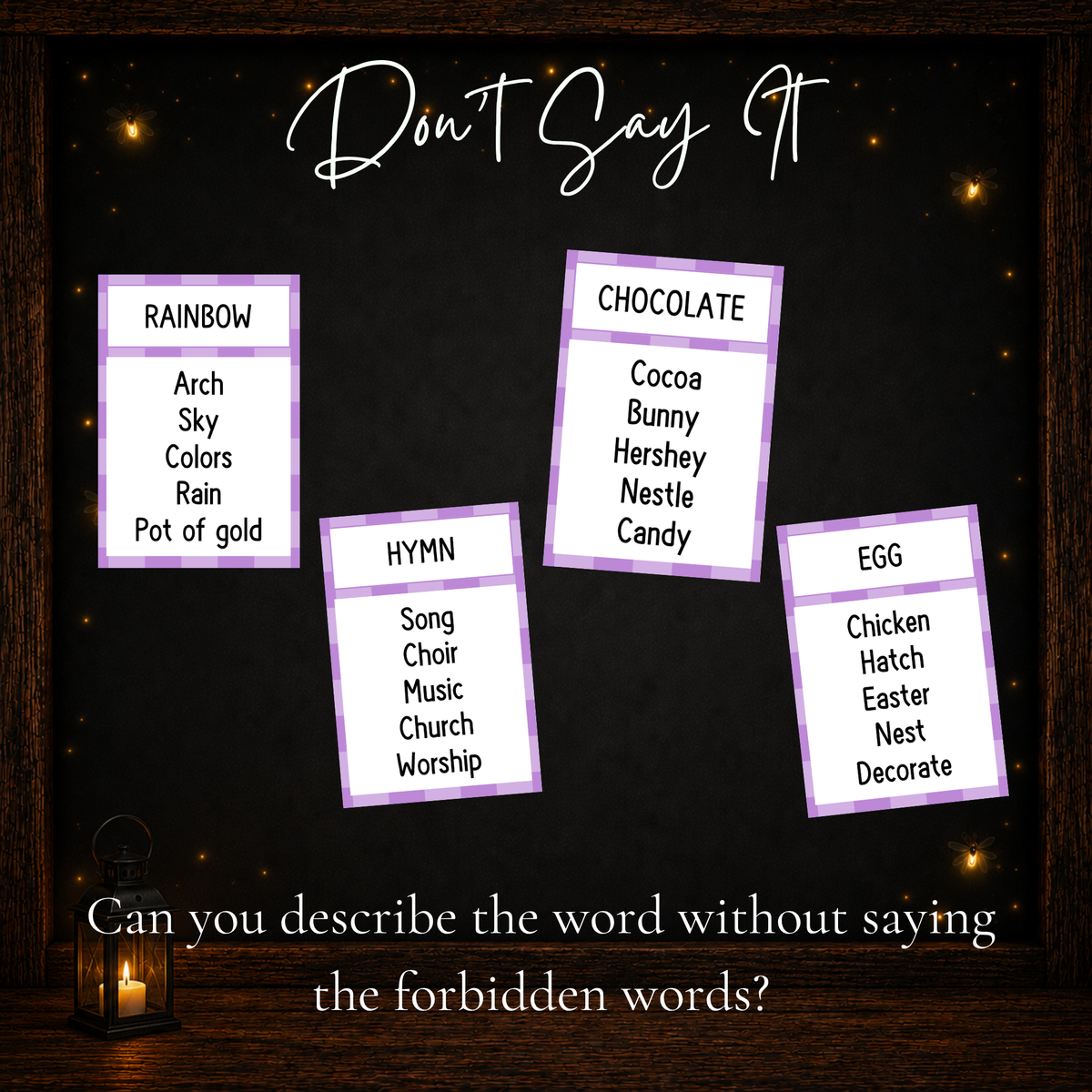 Easter Forbidden Words game cards featuring Rainbow, Chocolate, Hymn, and Egg, each with five forbidden words players cannot say while giving clues.