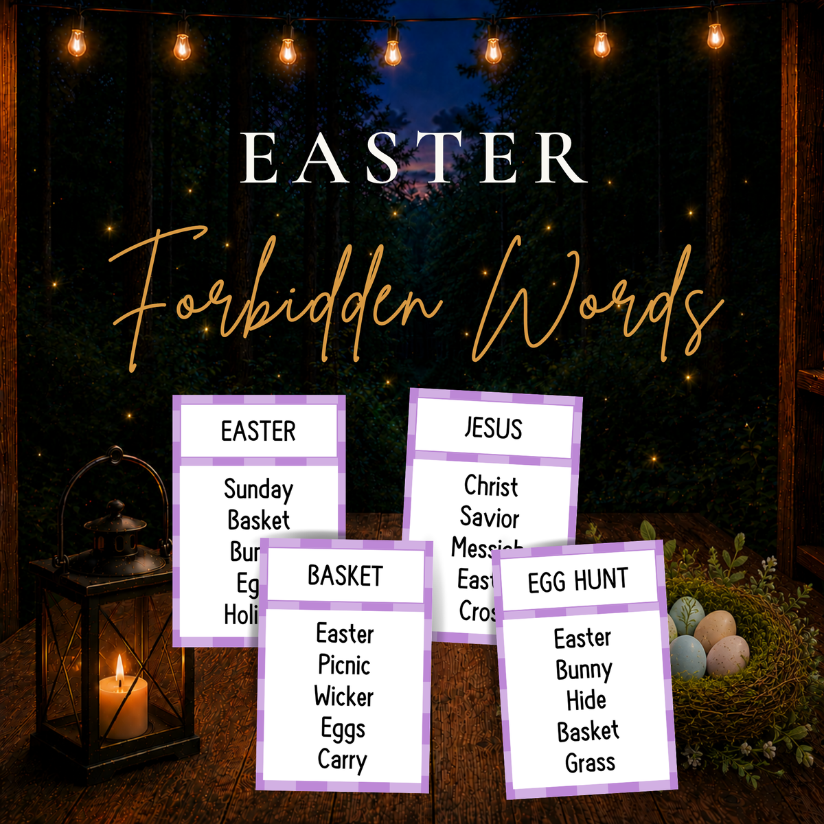 Easter Forbidden Words printable game featuring purple-bordered cards with Easter, Jesus, Basket, and Egg Hunt clues against a glowing woodland background.