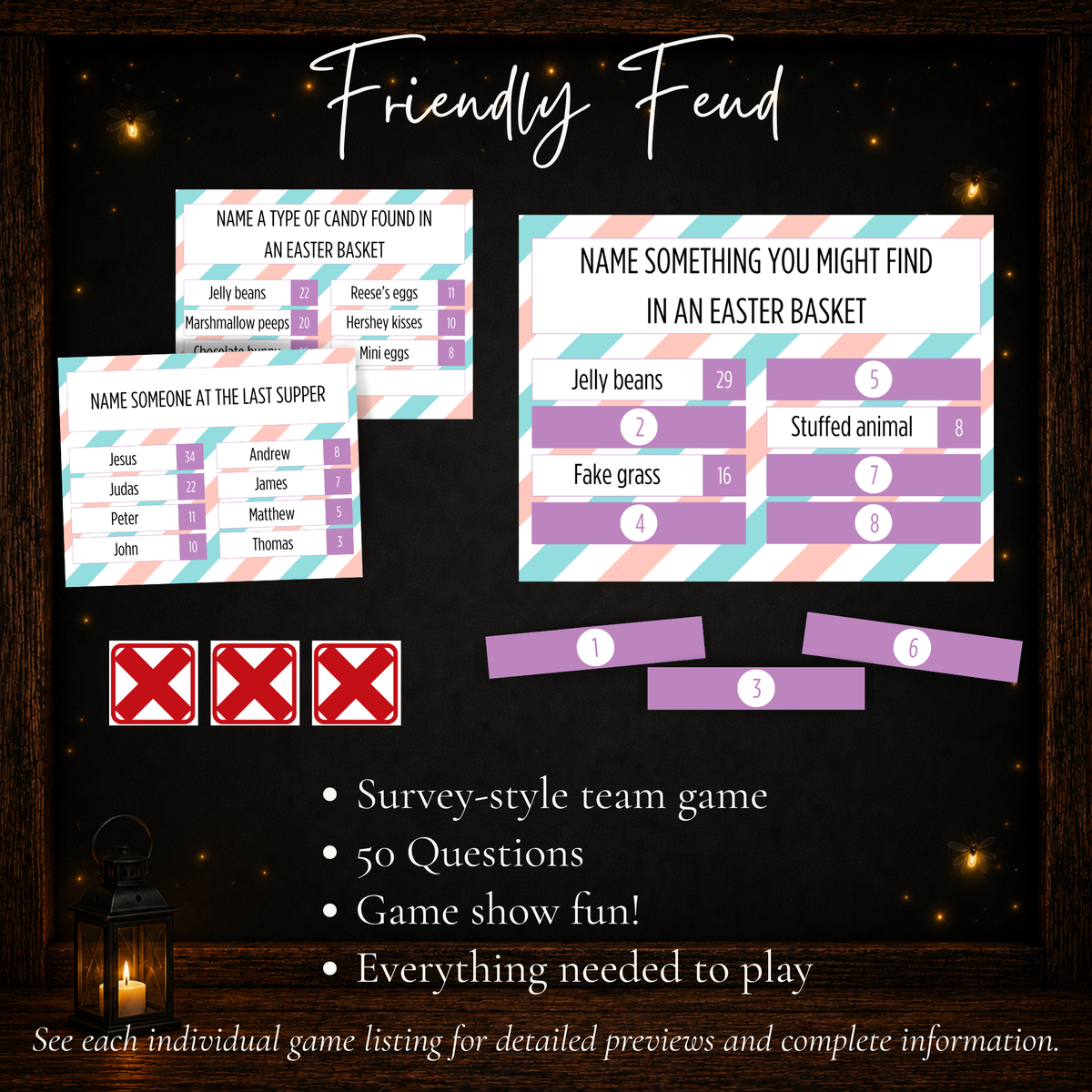 Easter Friendly Feud printable survey-style team game with 50 questions, answer cards and game show pieces