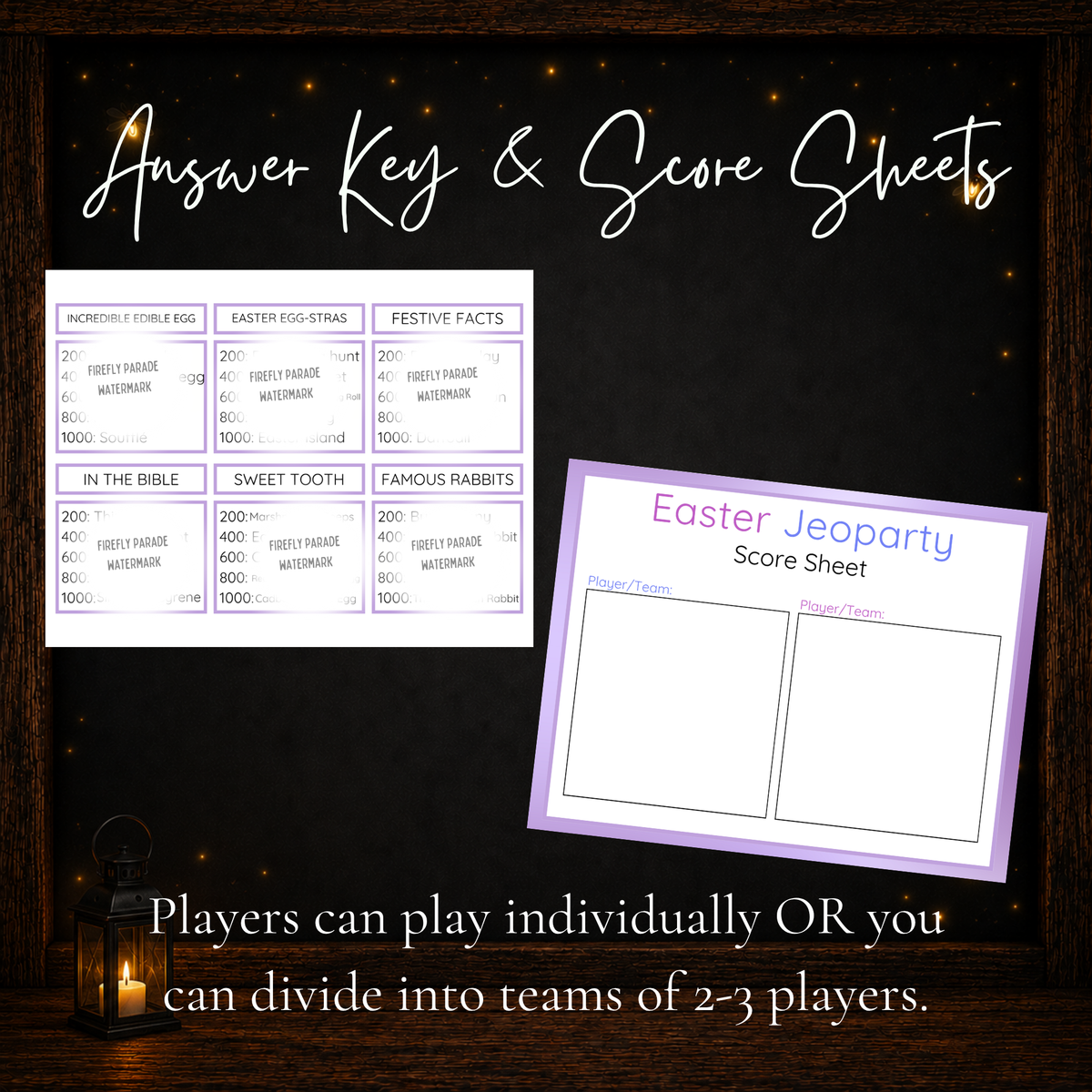 Easter Jeoparty printable host answer key and player score sheet for individual or team trivia games.