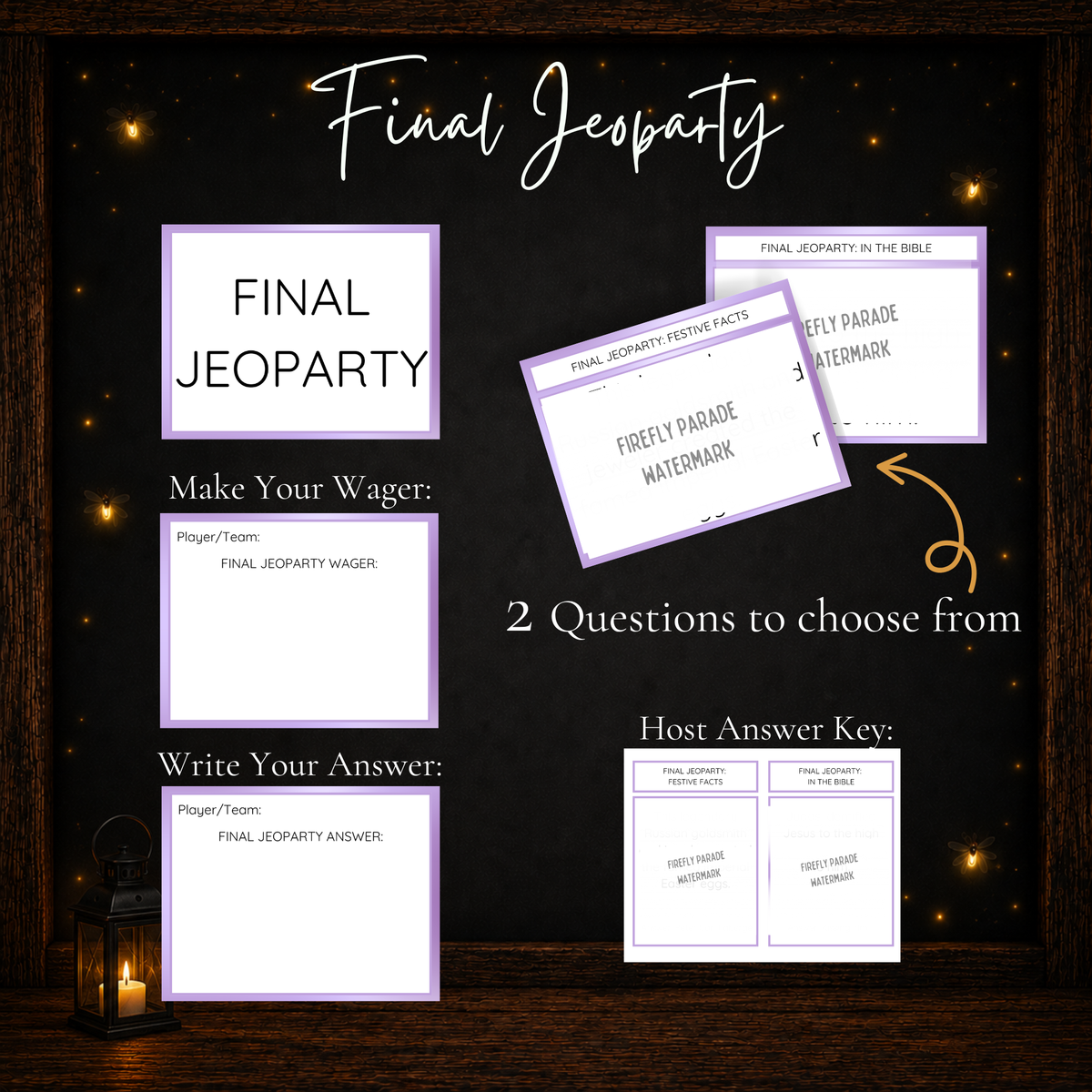 Easter Jeoparty final round with two question choices, wager cards, answer cards, and host answer key.