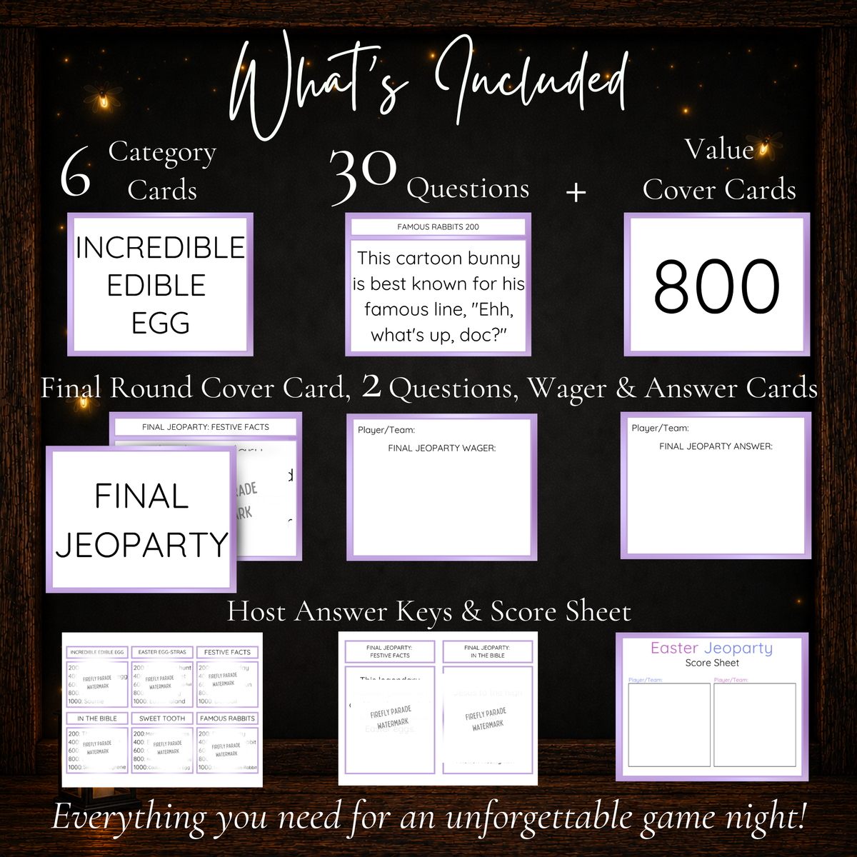 Easter Jeoparty printable game contents with six category cards, 30 trivia questions, point value cards, final round cards, answer keys, and score sheet.