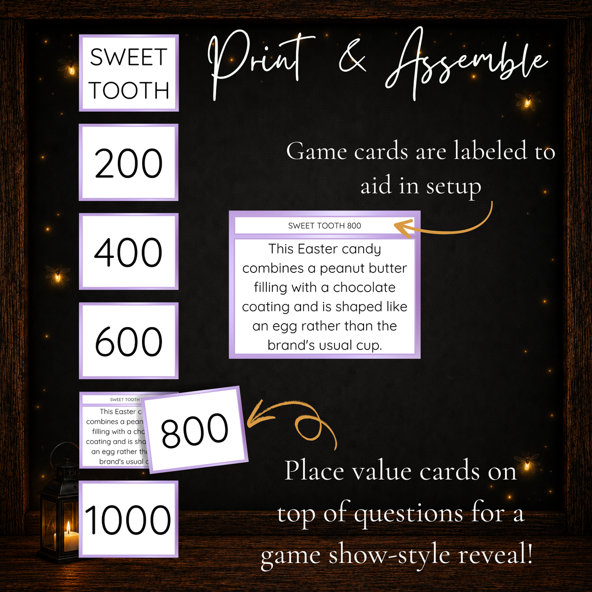 Printable Easter Jeoparty category and point value cards showing how to assemble the game board and reveal trivia questions.