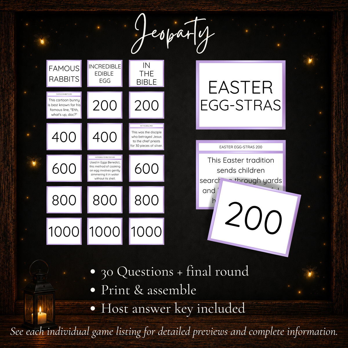 Easter Jeoparty printable trivia challenge with 30 questions, final round, game pieces and host answer key