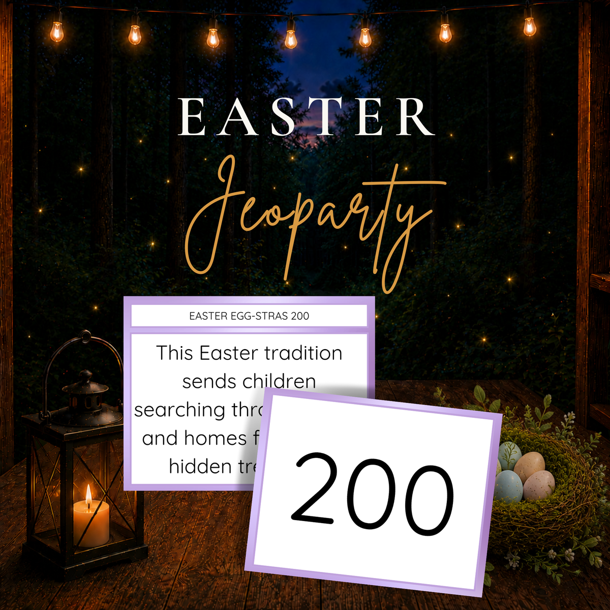 Easter Jeoparty printable trivia game featuring an Easter question card and 200-point cover card.