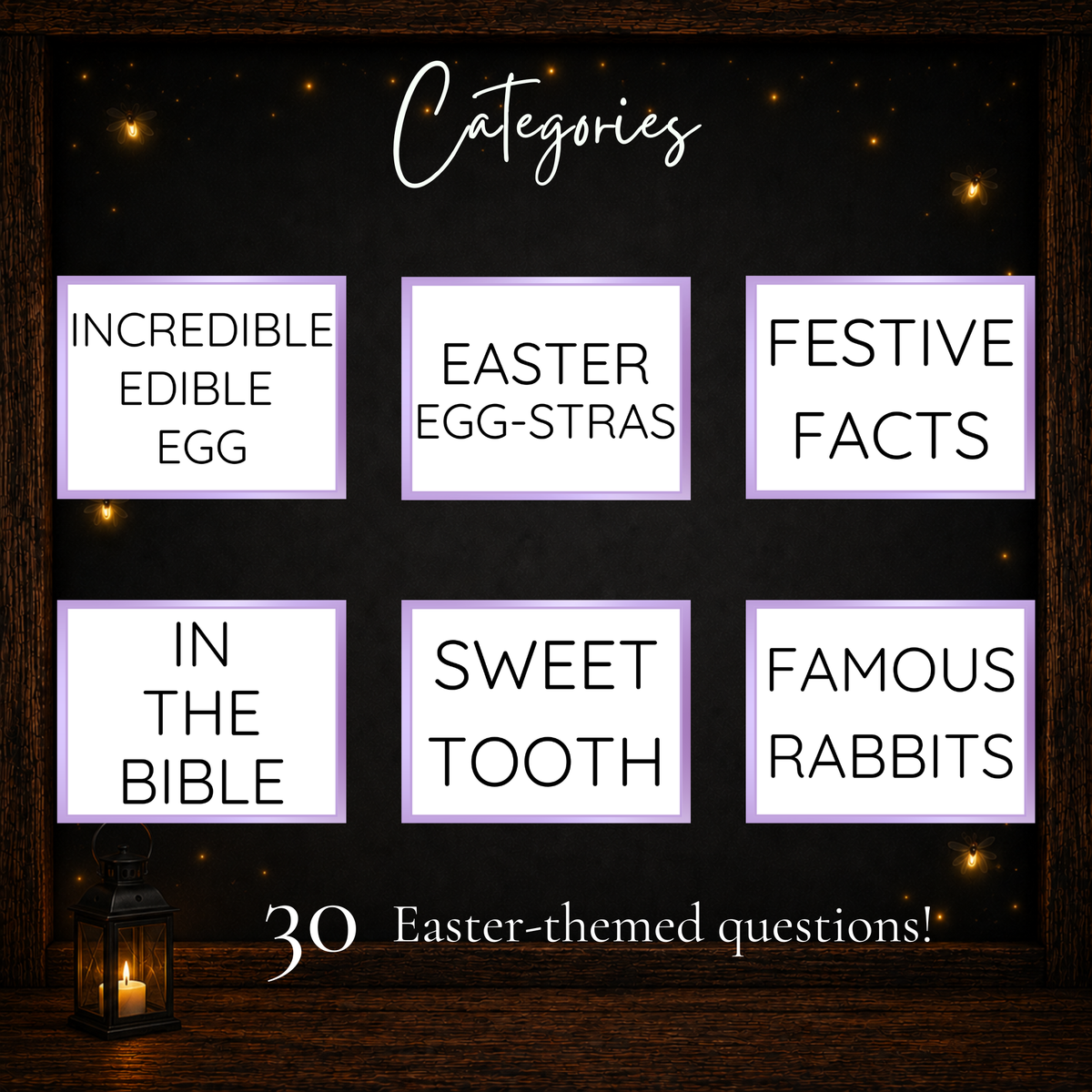 Six Easter Jeoparty trivia categories including Incredible Edible Egg, Easter Egg-stras, Festive Facts, In the Bible, Sweet Tooth, and Famous Rabbits.