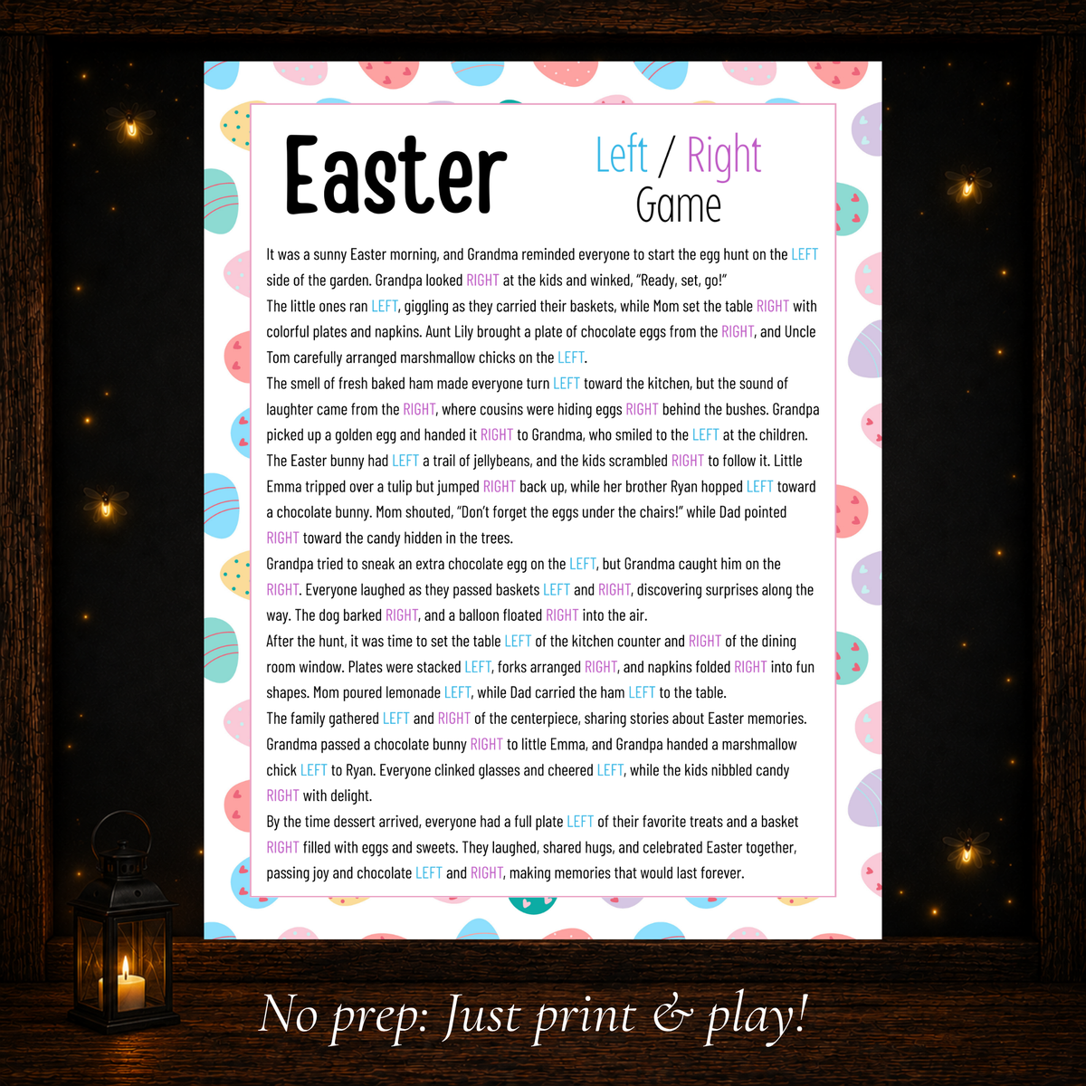 Printable Easter Left Right Game story featuring an Easter egg hunt, chocolate bunnies and family celebrations.